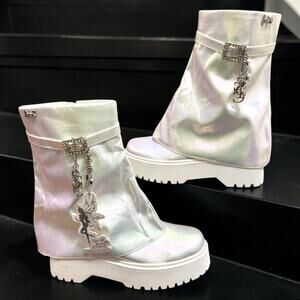 Sparkl Fairy Couture Stella White Iridescent‎ Combat Boots New Size Womens 9